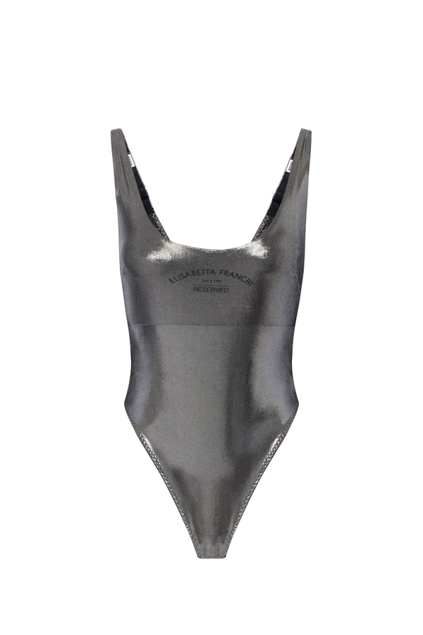 Metallic jersey bodysuit with logo print - Elisabetta Franchi® Outlet