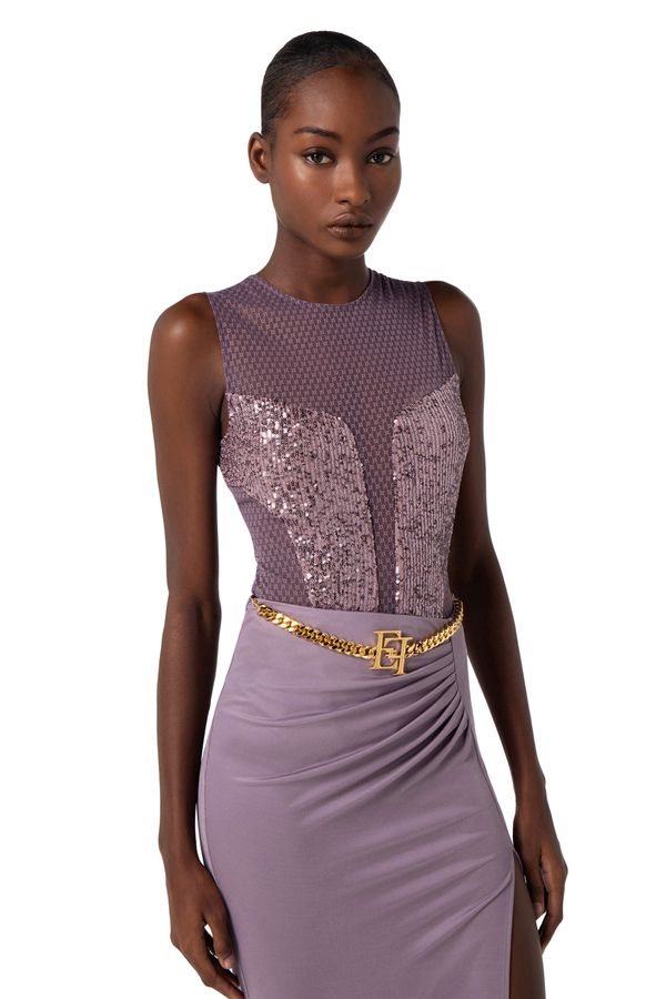 Body in tulle ricamato e paillettes - Elisabetta Franchi® Outlet