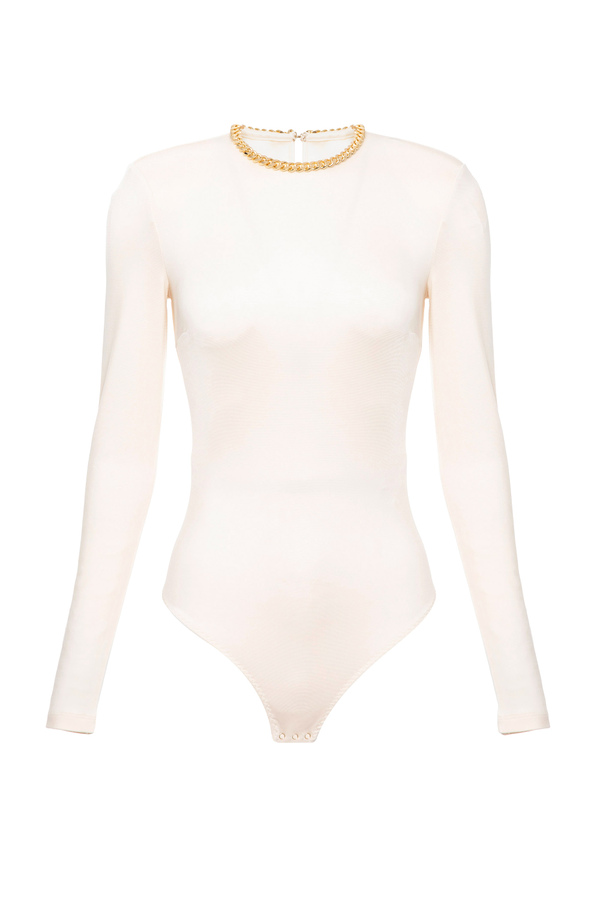 Crew neck bodysuit with applied chain - Elisabetta Franchi® Outlet