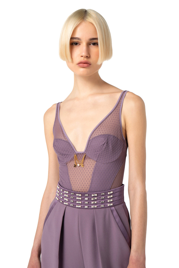 Body in tulle ricamato con spalline - Elisabetta Franchi® Outlet