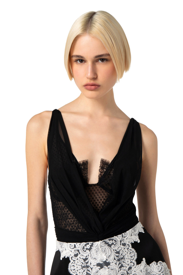 Body de tul elástico con encaje - Elisabetta Franchi® Outlet