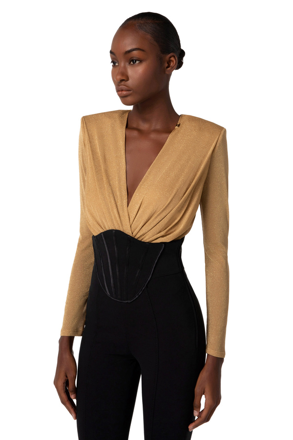 Bodysuit in jersey lurex fabric with plunge neckline - Elisabetta Franchi® Outlet
