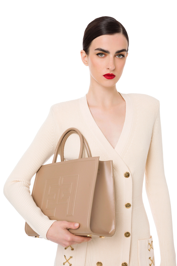 Medium hand held shopper bag with logo and embossed profiles - Elisabetta Franchi® Outlet