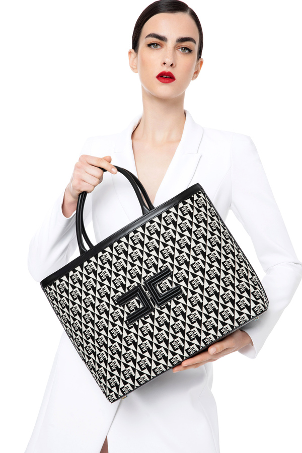 Shopper bag with jacquard diamond print to be carried over the shoulder - Elisabetta Franchi® Outlet