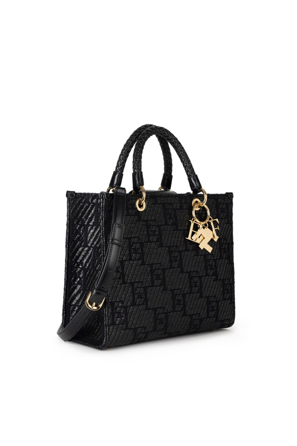 Shopper media in rafia jacquard con charms - Elisabetta Franchi® Outlet