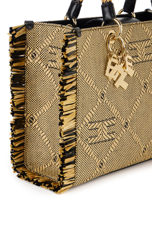 Mini tote bag in raffia with fringes - Elisabetta Franchi® Outlet