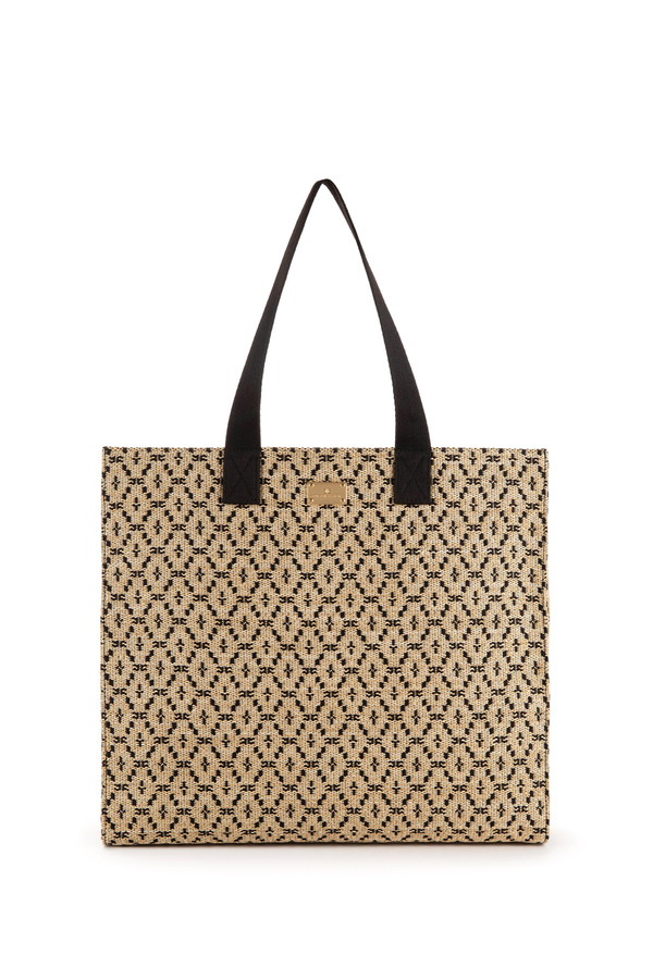 Large raffia shopper bag with jacquard fabric - Elisabetta Franchi® Outlet