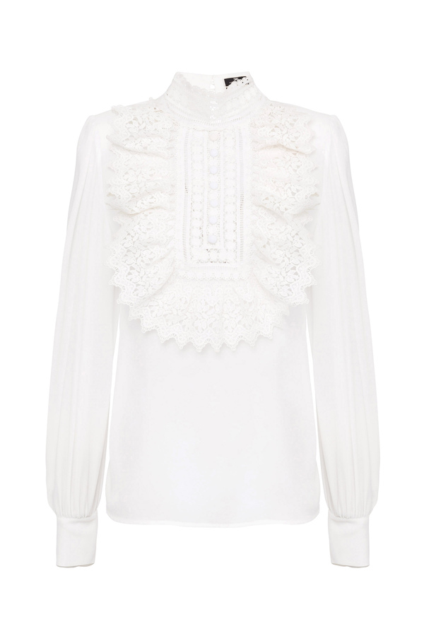 Blouse in georgette fabric with high lace collar - Elisabetta Franchi® Outlet