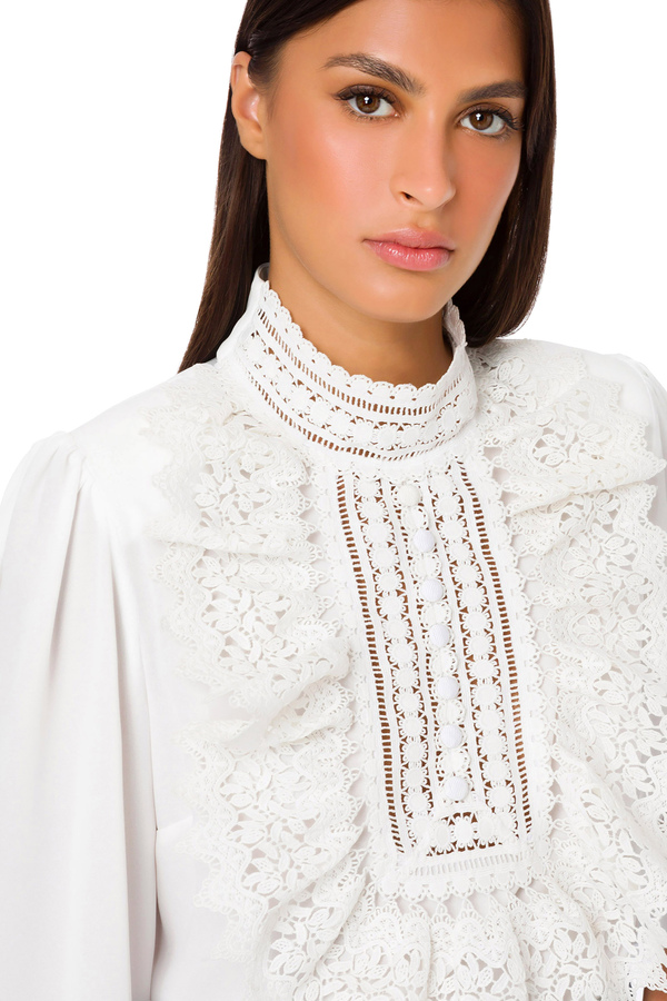 Hemdbluse aus Georgette mit hohem Spitzenkragen - Elisabetta Franchi® Outlet