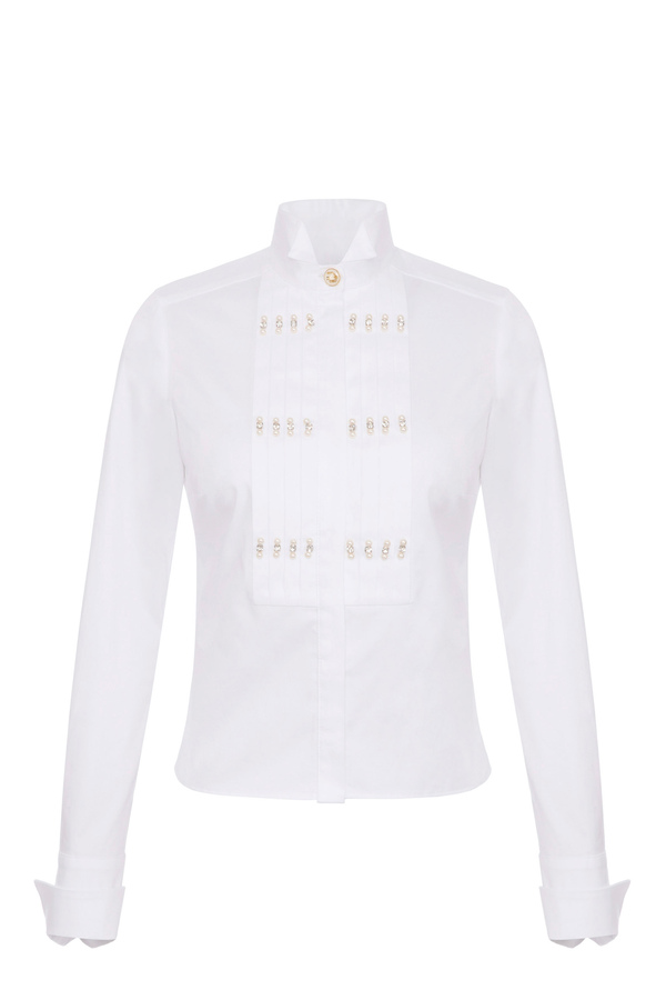 Camisa de popelina con perlas y estrás - Elisabetta Franchi® Outlet