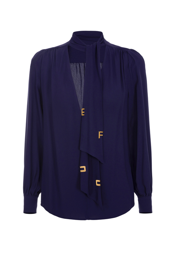 Blouse with foulard scarf and gold logo plaques - Elisabetta Franchi® Outlet