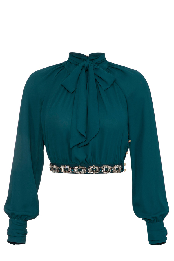 Hemdbluse aus Viskose mit Strass - Elisabetta Franchi® Outlet