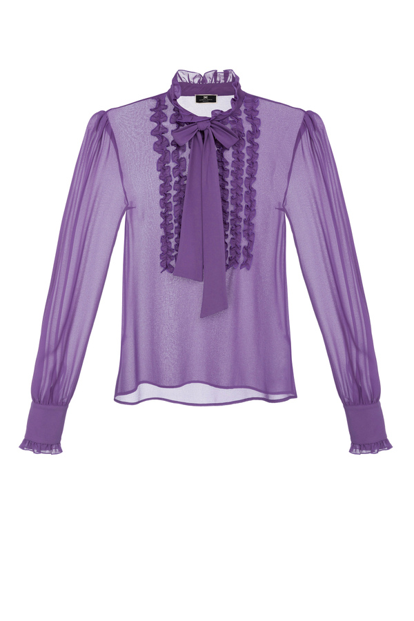 Blouse with high collar, ruffles and bow - Elisabetta Franchi® Outlet
