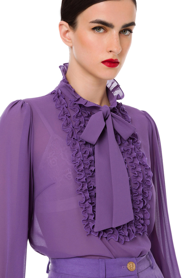 Blouse with high collar, ruffles and bow - Elisabetta Franchi® Outlet