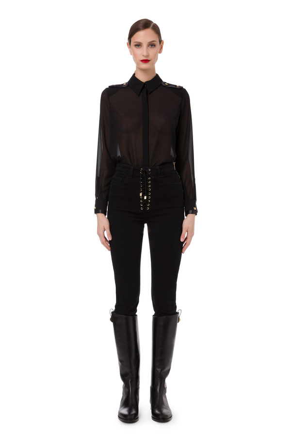 Blouse in georgette fabric with satin flashes - Elisabetta Franchi® Outlet