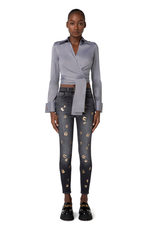 Crop shirt in herringbone cotton with sash - Elisabetta Franchi® Outlet