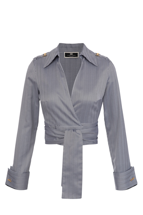 Crop shirt in herringbone cotton with sash - Elisabetta Franchi® Outlet