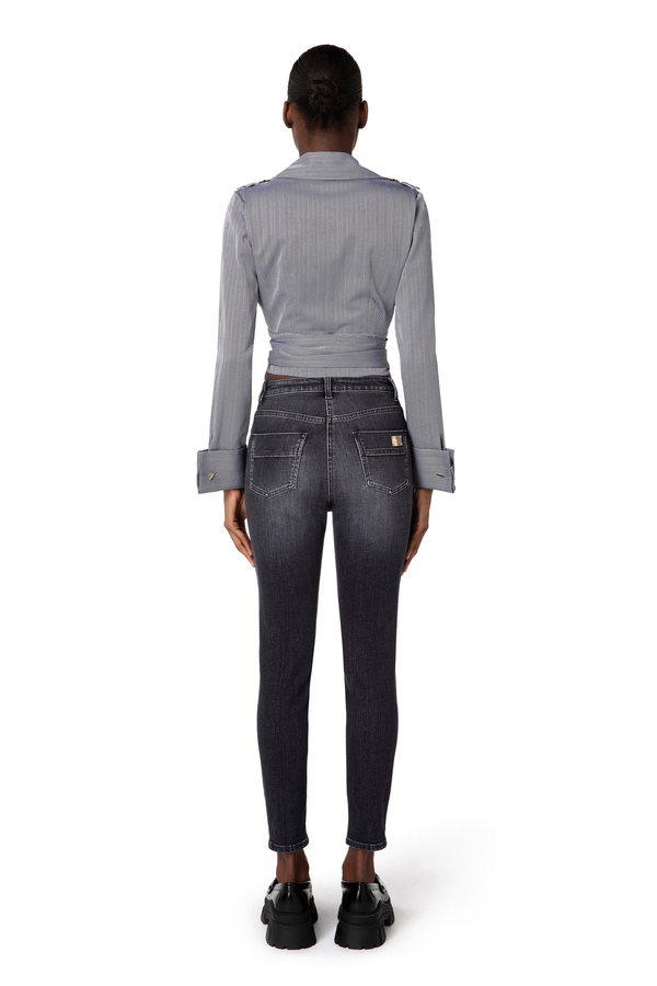 Crop shirt in herringbone cotton with sash - Elisabetta Franchi® Outlet