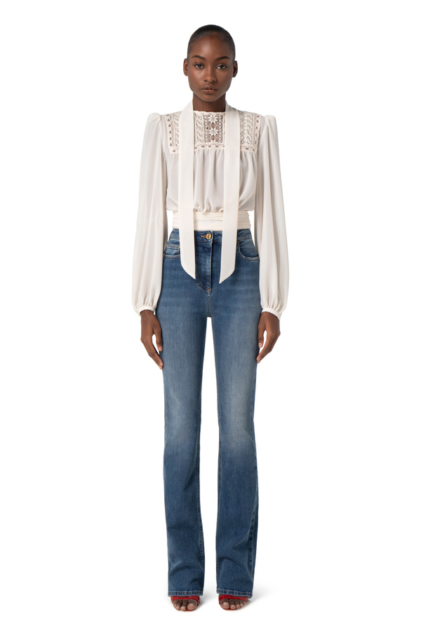 Crop blouse in viscose fabric with lace - Elisabetta Franchi® Outlet