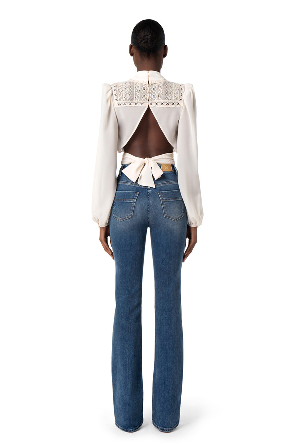 Crop blouse in viscose fabric with lace - Elisabetta Franchi® Outlet