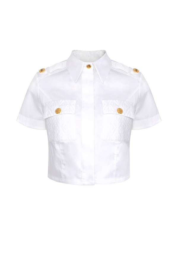 Crop cotton shirt with embroidered pockets - Elisabetta Franchi® Outlet