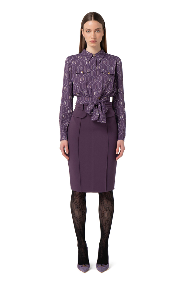 Crop blouse in viscose fabric with logo print - Elisabetta Franchi® Outlet