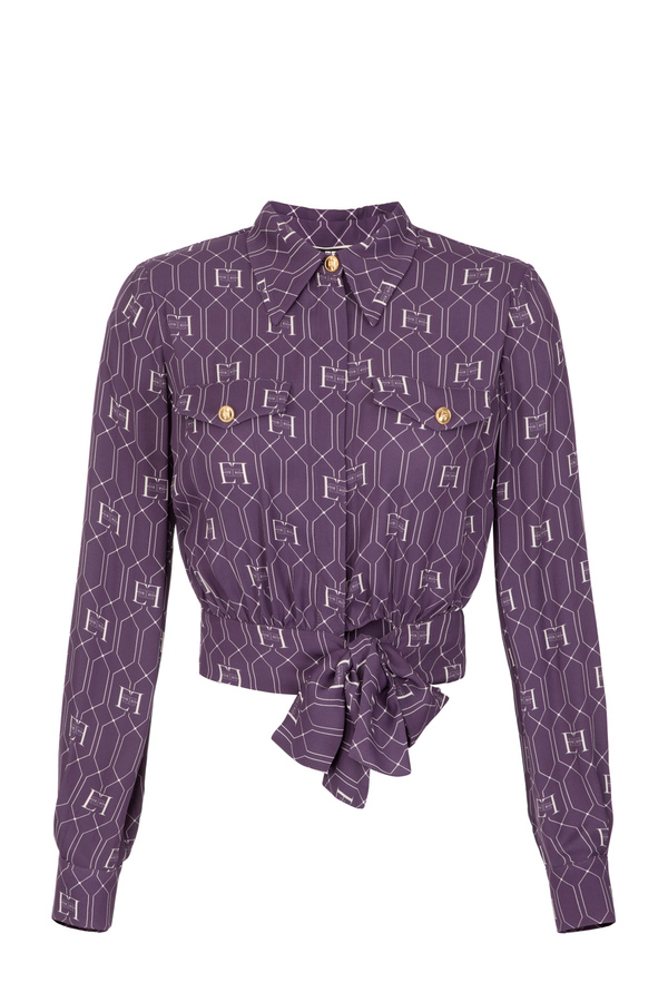 Crop blouse in viscose fabric with logo print - Elisabetta Franchi® Outlet