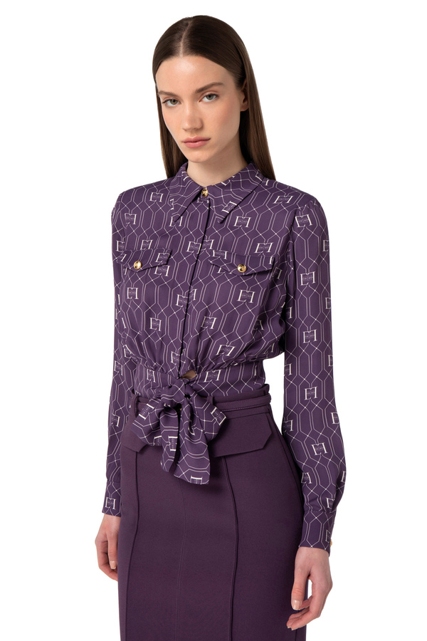 Crop blouse in viscose fabric with logo print - Elisabetta Franchi® Outlet