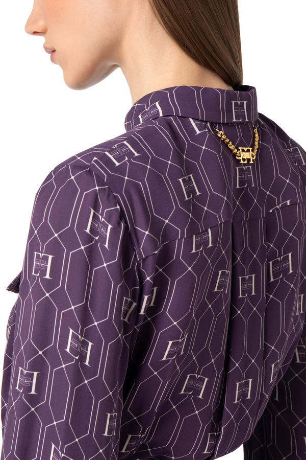 Crop blouse in viscose fabric with logo print - Elisabetta Franchi® Outlet