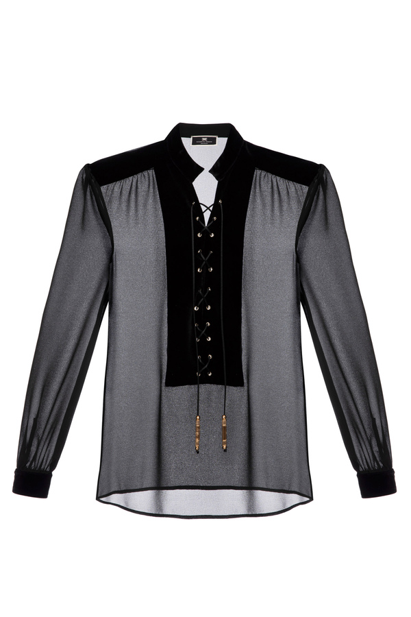 Blouse in viscose fabric with velvet bib - Elisabetta Franchi® Outlet