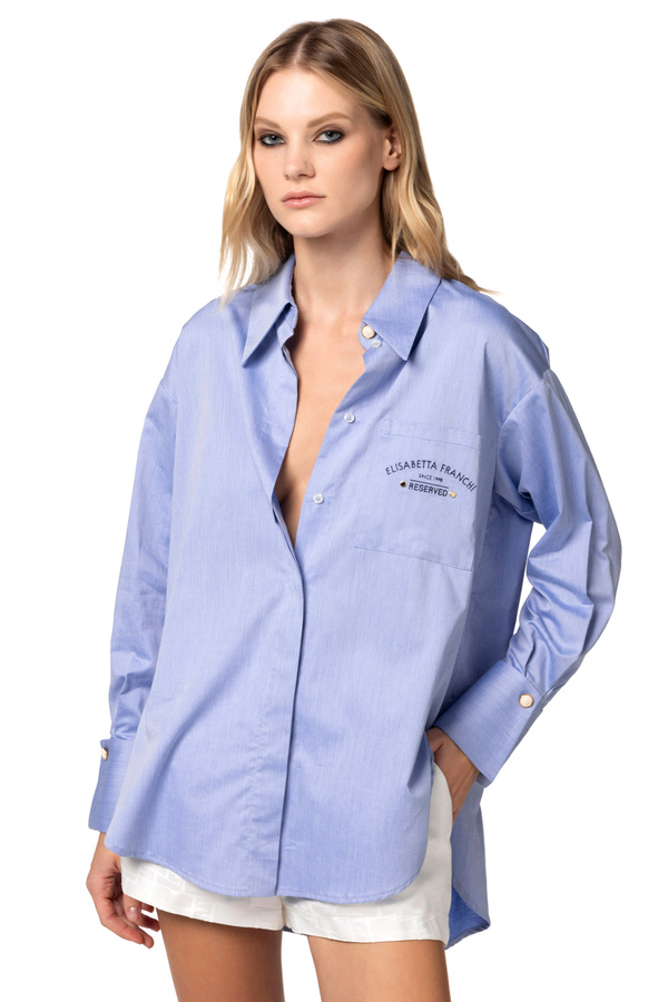 Ausgestellte Hemdbluse aus Baumwoll-Popeline mit Logo-Stickerei - Elisabetta Franchi® Outlet