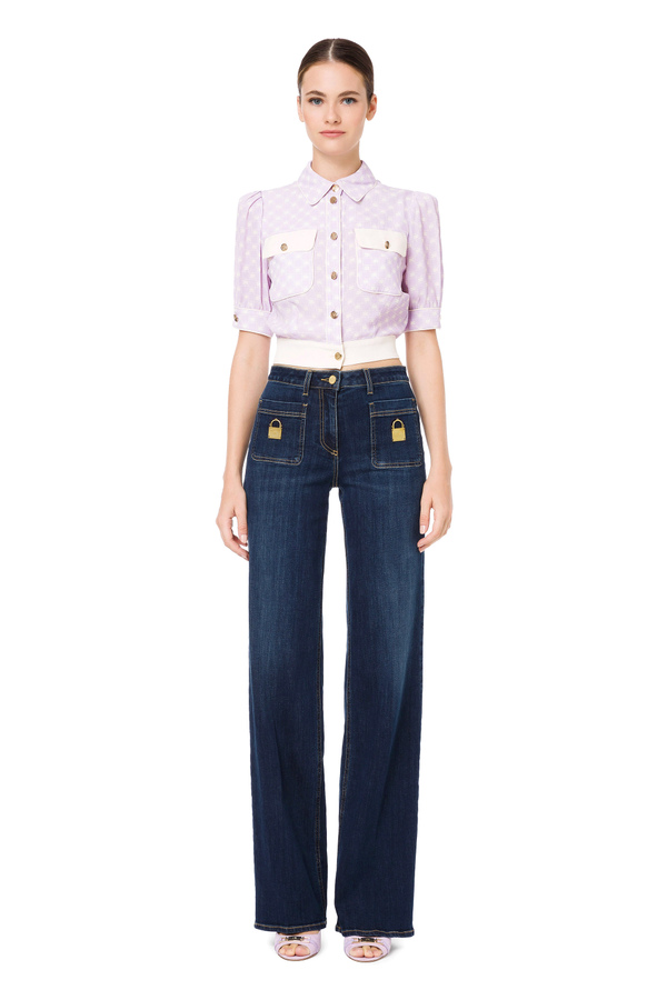 Cropped blouse with short sleeves in contrasting colour - Elisabetta Franchi® Outlet