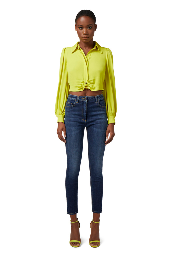 Cropped blouse in viscose georgette fabric with gathering - Elisabetta Franchi® Outlet