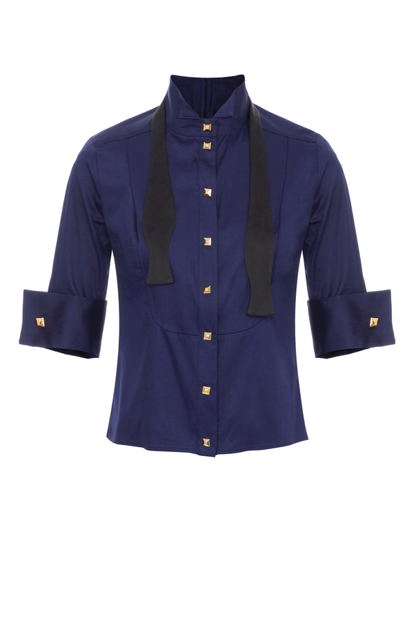 Short-sleeved shirt with studs and articulated bow tie - Elisabetta Franchi® Outlet