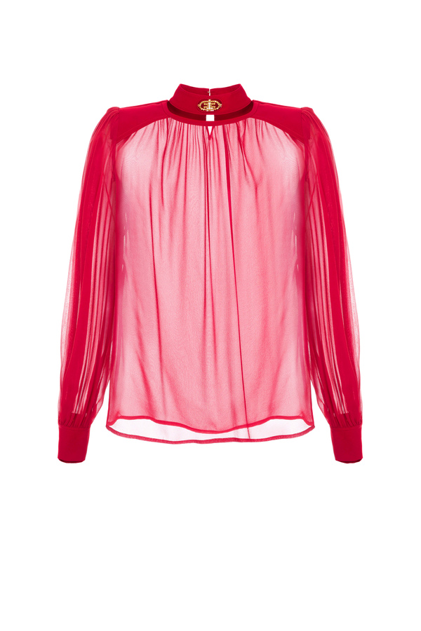 Silk georgette high collar shirt with set logo - Elisabetta Franchi® Outlet