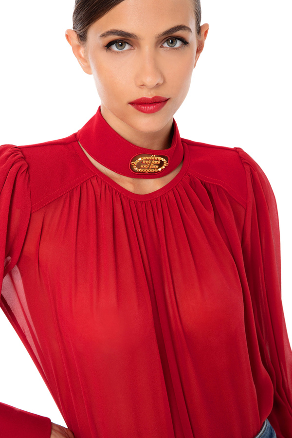 Silk georgette high collar shirt with set logo - Elisabetta Franchi® Outlet