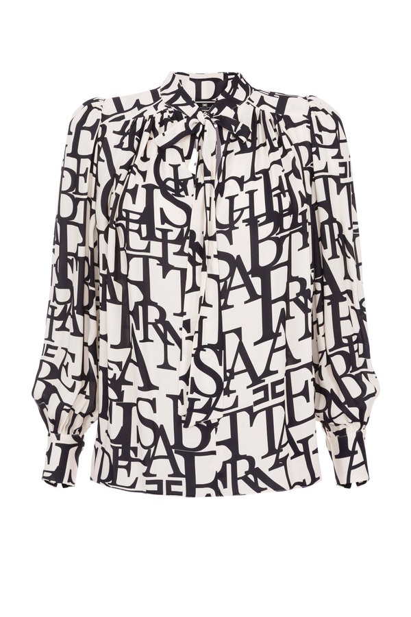 Blouse in georgette fabric with lettering print and sash belt - Elisabetta Franchi® Outlet