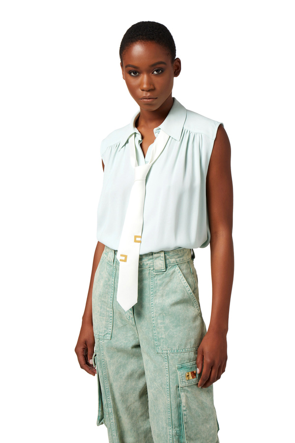 Flared blouse in viscose georgette fabric with lettering tie - Elisabetta Franchi® Outlet