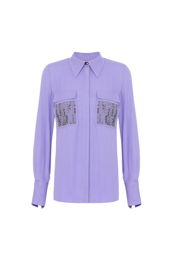 Blouse in viscose georgette fabric with embroidered pockets - Elisabetta Franchi® Outlet