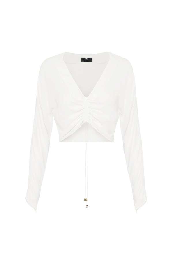 Cropped blouse in viscose georgette fabric with drawstring - Elisabetta Franchi® Outlet