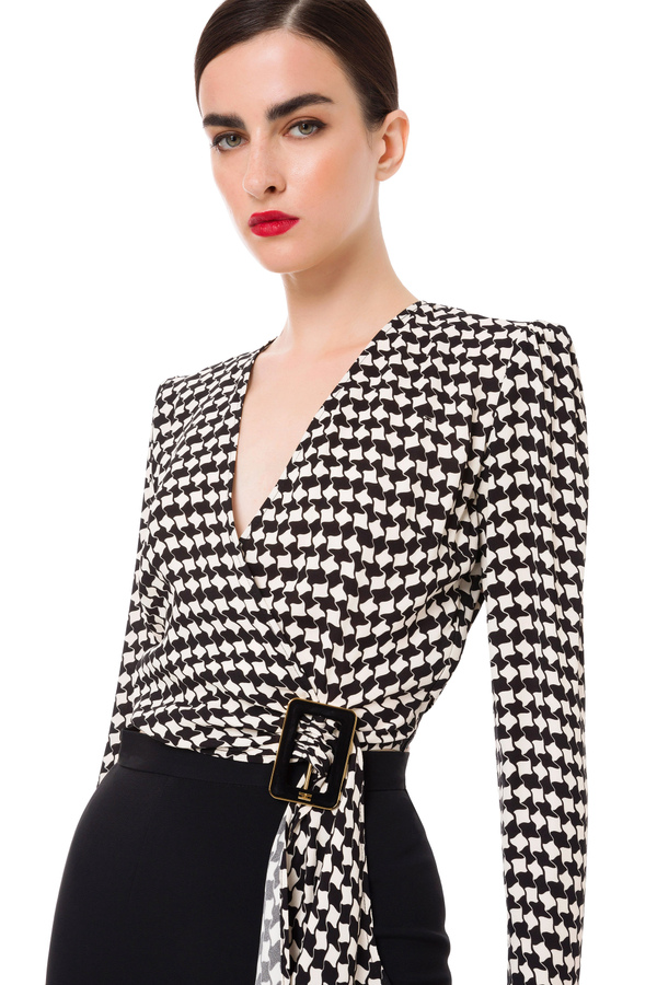 Houndstooth blouse with drape - Elisabetta Franchi® Outlet