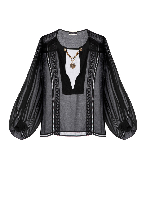 Blouse with ascot tie and lace inserts - Elisabetta Franchi® Outlet