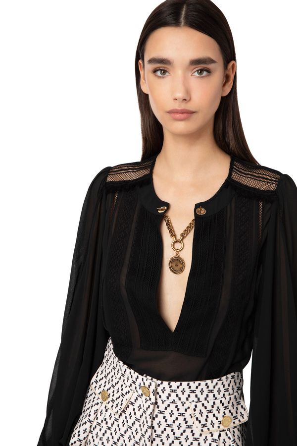 Blouse with ascot tie and lace inserts - Elisabetta Franchi® Outlet