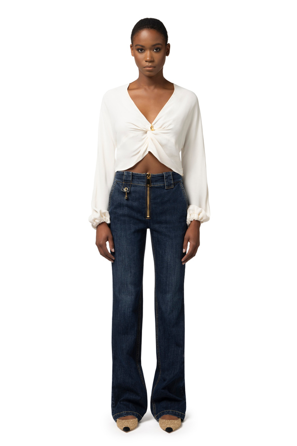 Cropped blouse in viscose georgette fabric with knot - Elisabetta Franchi® Outlet