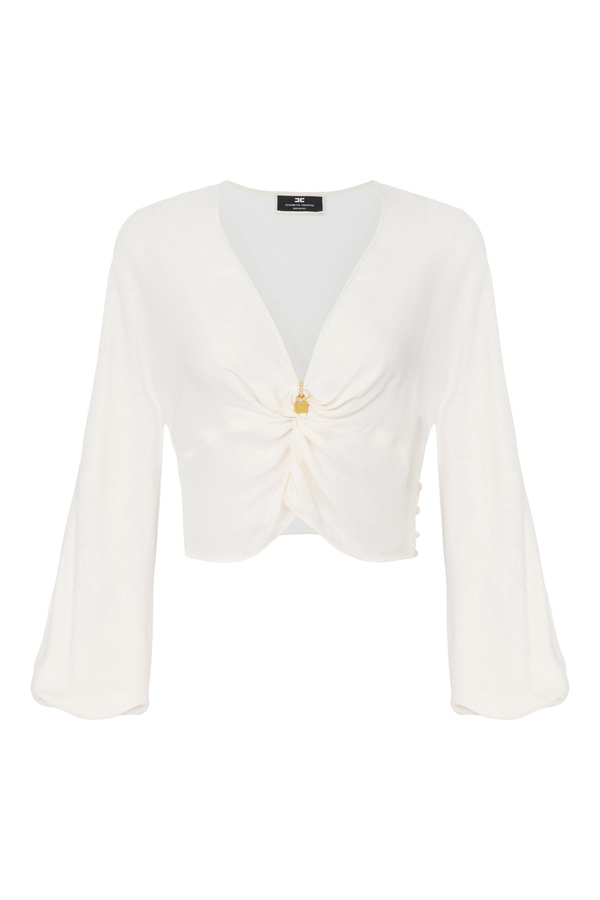 Cropped blouse in viscose georgette fabric with knot - Elisabetta Franchi® Outlet