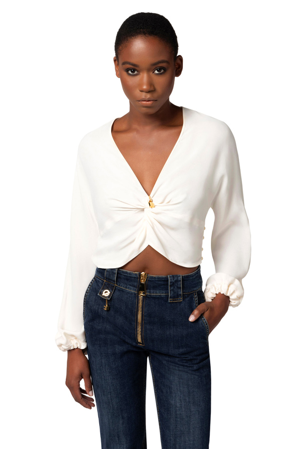 Cropped blouse in viscose georgette fabric with knot - Elisabetta Franchi® Outlet