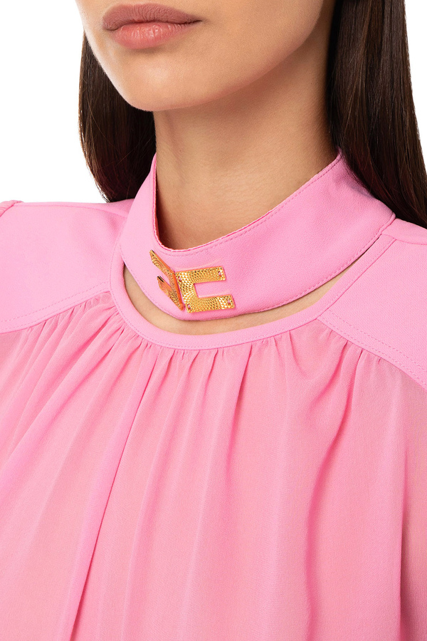 Shirt with high collar and logo plate - Elisabetta Franchi® Outlet