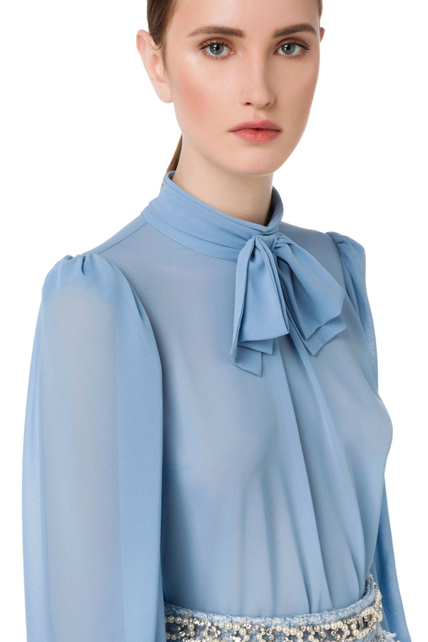 Blouse in georgette fabric with bow by Elisabetta Franchi - Elisabetta Franchi® Outlet