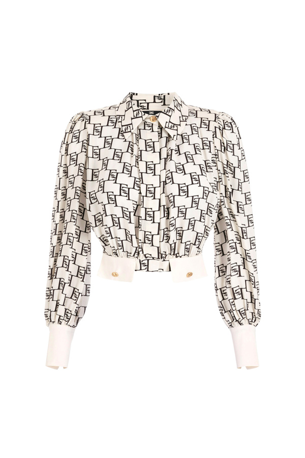 Cropped blouse in viscose georgette fabric with logo print - Elisabetta Franchi® Outlet