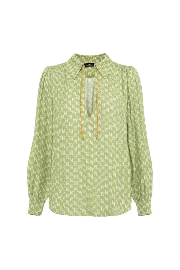 Hemdbluse aus Viskose-Georgette mit Logo-Print und Kragen-Accessoire - Elisabetta Franchi® Outlet